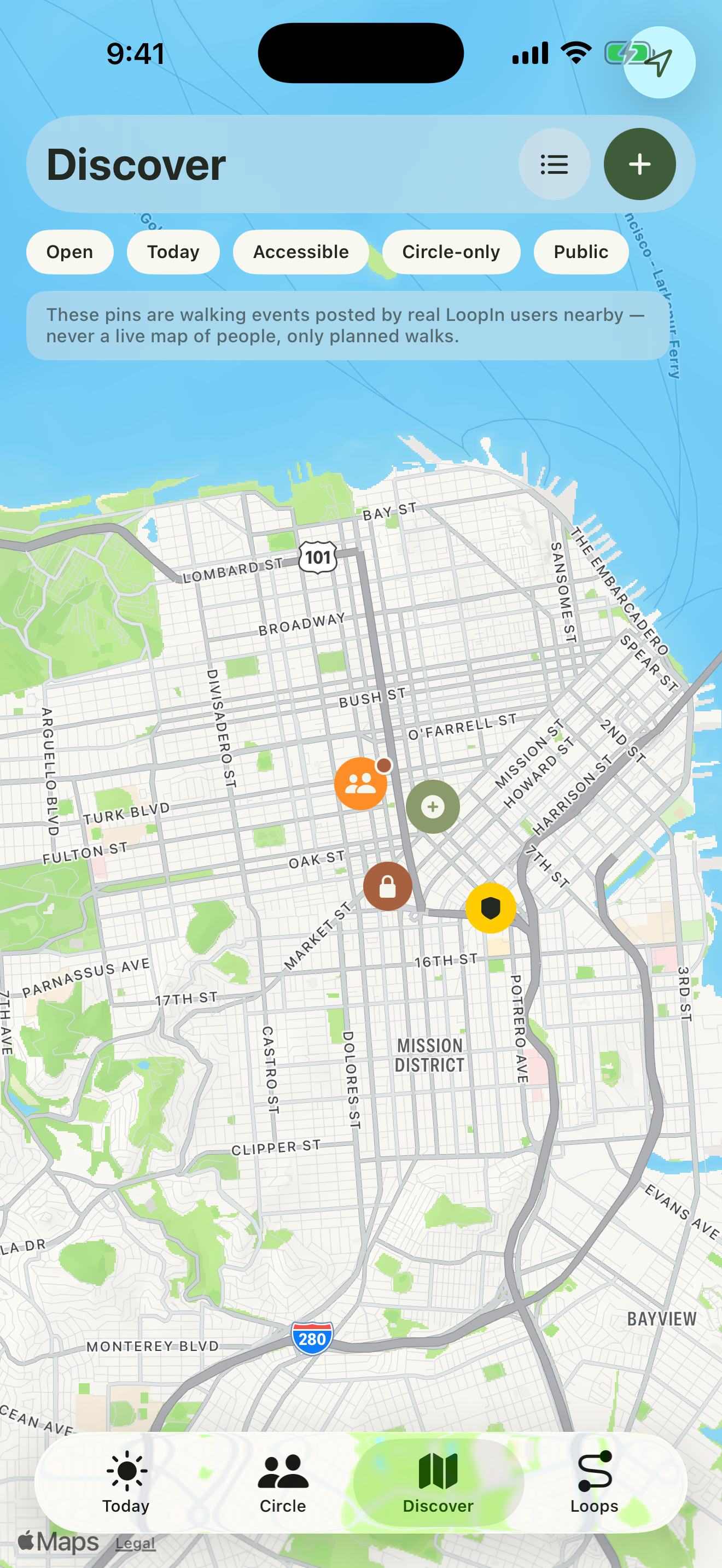 LoopIn Discover map showing nearby walking events marked with clear status pins: open, almost full, full, and circle-only.