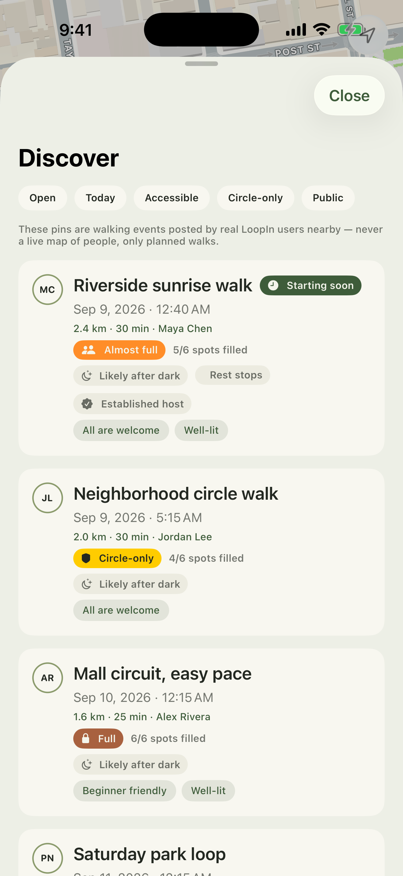 LoopIn Discover list showing walk cards with status badges such as Open, Almost full, and Circle-only, along with distance, time, and host details.